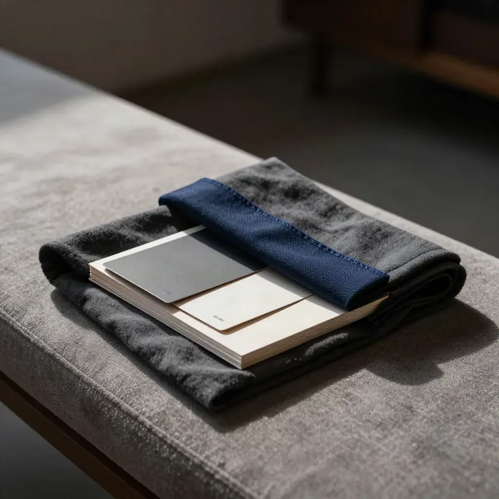 Charcoal fabric cradles a mini crop deck with proof cards and a navy wrap strip.