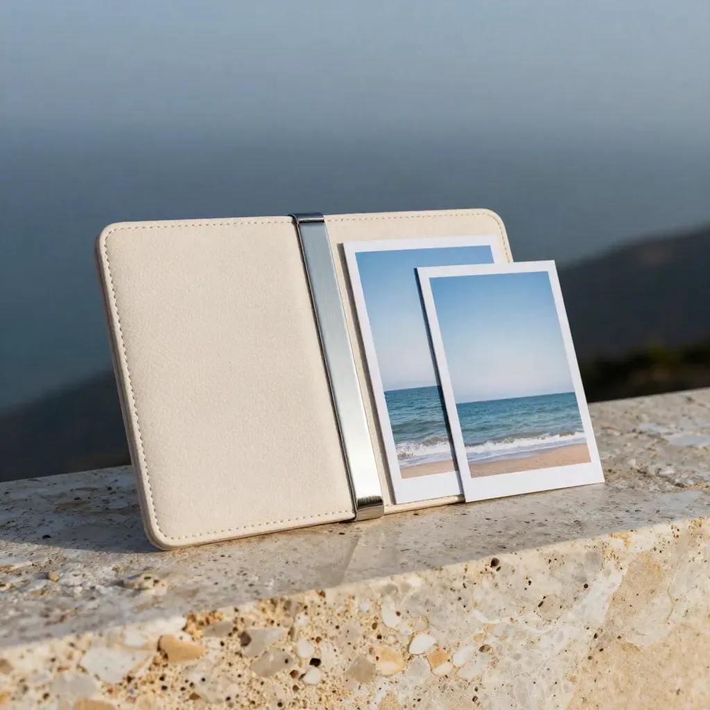 Travel folio and preview cards on travertine ledge in sea mist