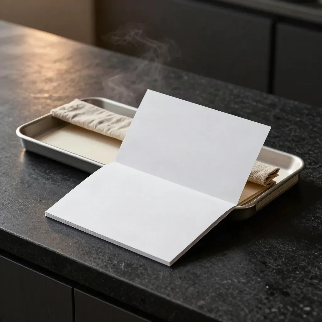 White folio cards and matte inserts on a dark counter with warm steam and haze