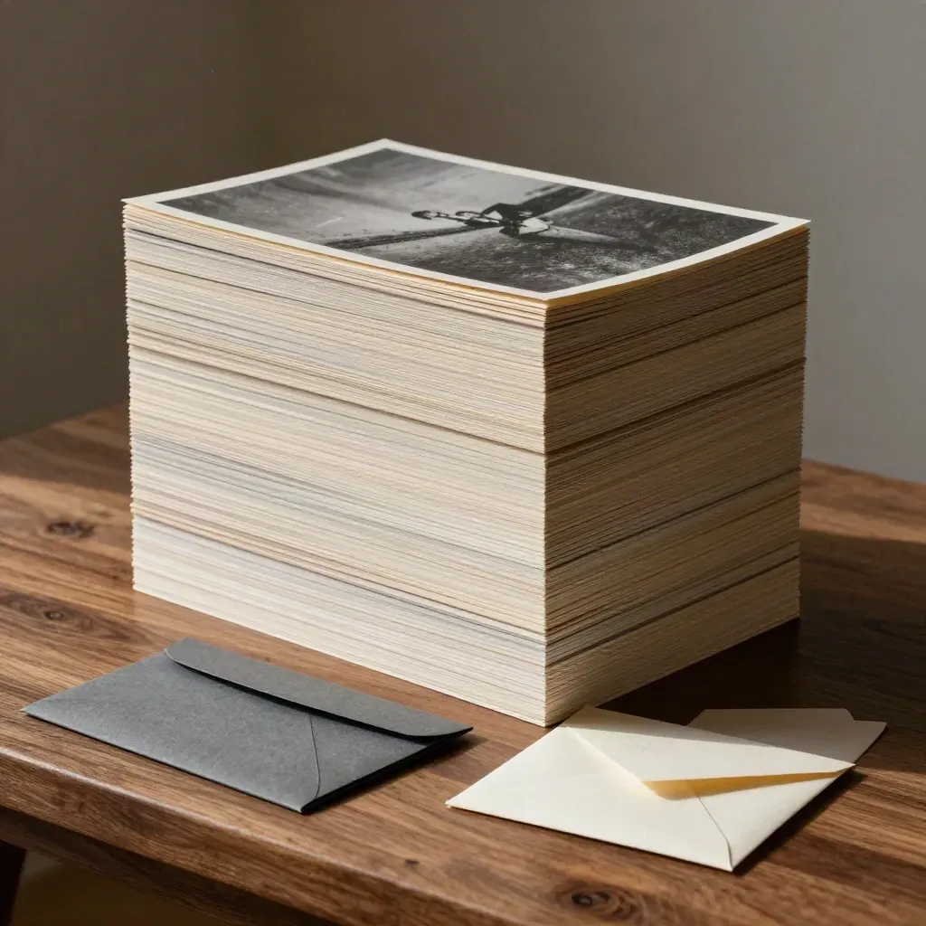 Unbranded cover boards, sleeve, and proof envelope on walnut wood in soft upper light.