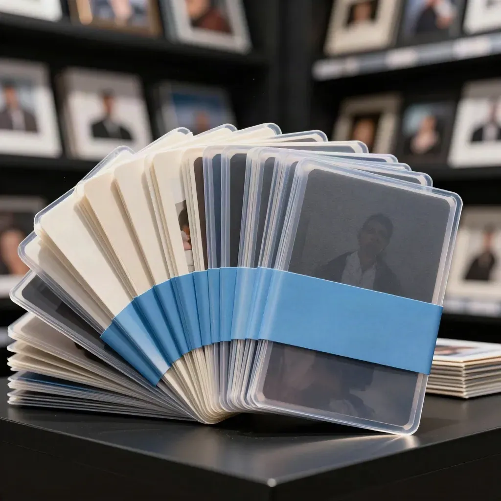 Fanned preview cards in a translucent blue band on matte black with dramatic rim light.