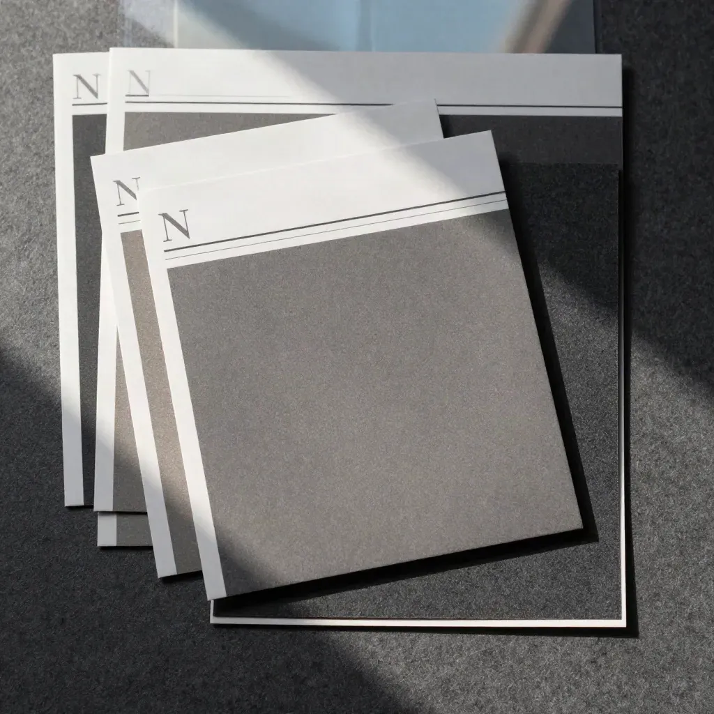 Overhead flatlay of header cards, matte sleeve, and folded backing sheet on charcoal felt.