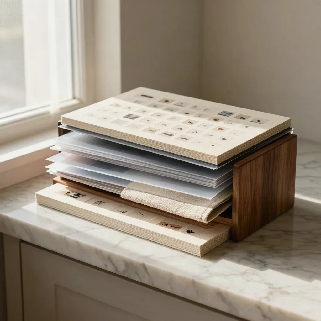 Sunlit marble plinth with stacked preview boards and a sheer curtain in a calm interior corner