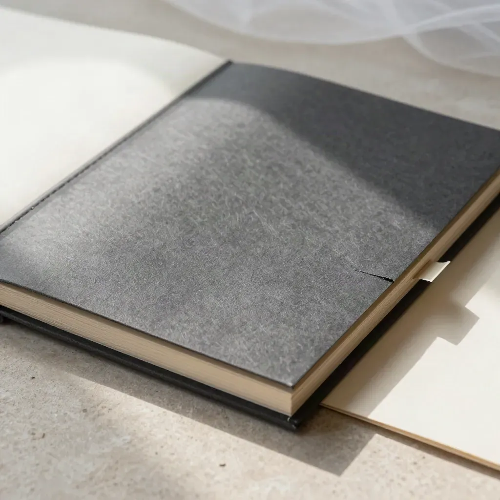 Macro of a textured guide folio opening slightly on stone with tabs, sleeve, and paper dust.